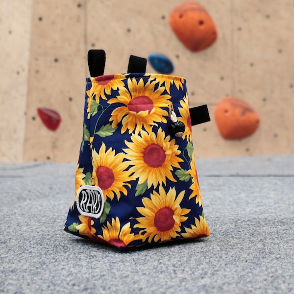 Chalk Bag for Climbing & Bouldering Handmade from Repurposed and Recycled Materials (blue sunflowers) Unique Gift for Climbers or Boulderers