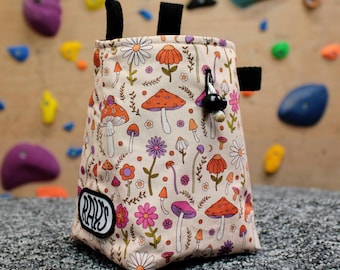 Chalk Bag for Climbing & Bouldering Handmade from Repurposed and Recycled Materials (pink mushrooms) | Gift for Climbers or Boulderers