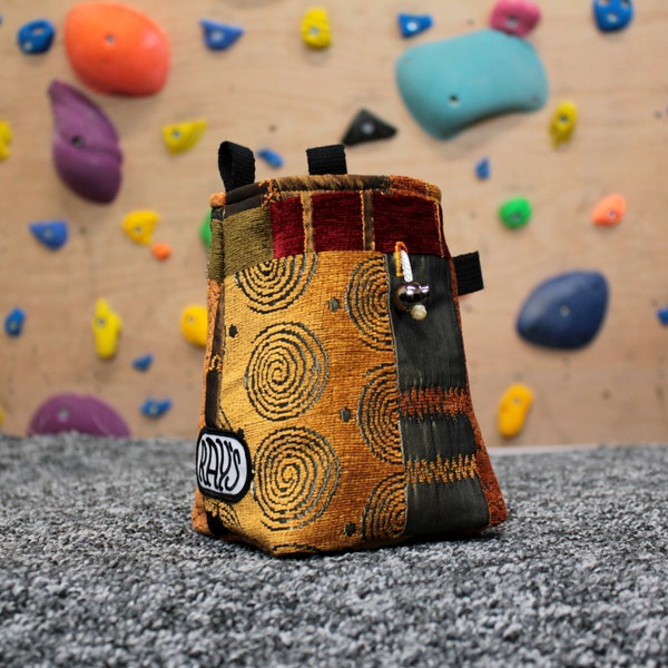 Chalk Bag for Climbing & Bouldering Handmade from Repurposed and Recycled Materials (orange patch) | Unique Gift for Climbers or Boulderers
