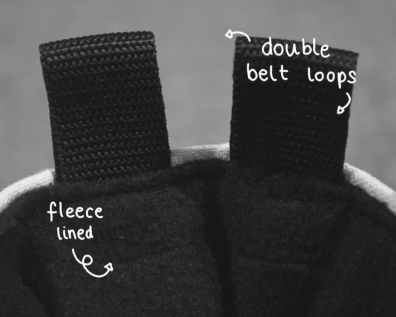 May include: Close-up of the inside of a black bag with a fleece lining. The bag has two black double belt loops at the top.