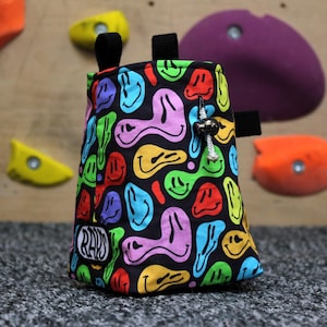Chalk Bag for Climbing & Bouldering Handmade from Repurposed and Recycled Materials (melty smiley faces) | Gift for Climbers or Boulderers