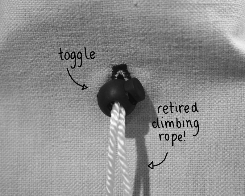 May include: A black toggle with a white rope attached to it. The rope is labeled "retired climbing rope!" and the toggle is labeled "toggle".