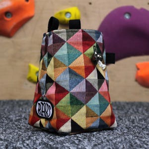 Chalk Bag for Climbing & Bouldering Handmade from Repurposed and Recycled Materials (colourful squares) | Gift for Climbers or Boulderers