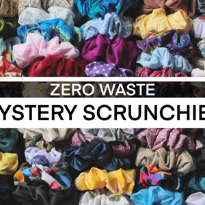 May include: A collection of colorful fabric scrunchies in various patterns and colors. The scrunchies are arranged in a close-up view, with the text "ZERO WASTE MYSTERY SCRUNCHIES" displayed across the top of the image.