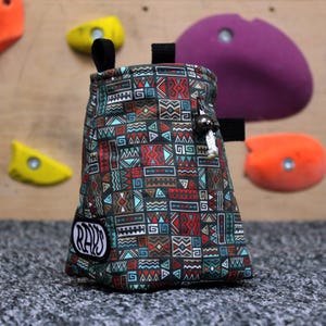 Chalk Bag for Climbing & Bouldering Handmade from Repurposed and Recycled Materials (blocky aztec) | Gift for Climbers or Boulderers
