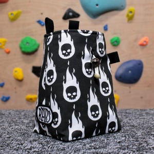 Chalk Bag for Climbing & Bouldering Handmade from Repurposed and Recycled Materials (fire skulls) | Unique Gift for Climbers or Boulderers