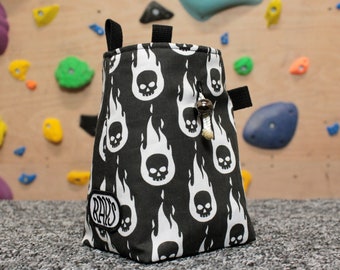Chalk Bag for Climbing & Bouldering Handmade from Repurposed and Recycled Materials (fire skulls) | Unique Gift for Climbers or Boulderers