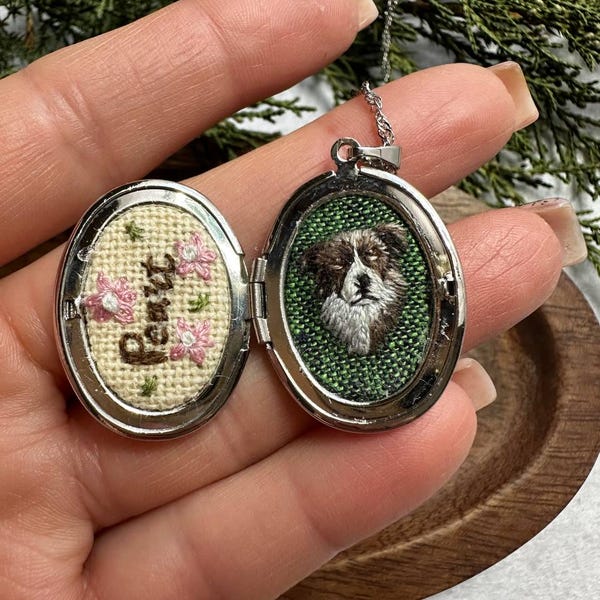 Hand Embroidered Pet Portrait Necklace | Custom Dog Memorial Jewelry