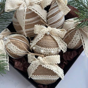 Décorations de Noël en jute faites main, dentelle beige, décoration rustique des fêtes