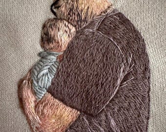Bastidor de bordado personalizado con retrato familiar / Arte en algodón cosido a mano