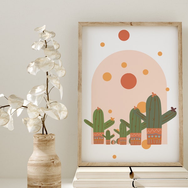 Cactus Boho Nursery Printable Wall Art,Minimalist Cactus Art,Nursery Decor Playroom Wall Art,Digital Print,Desert Sun Art Print,Mid Century