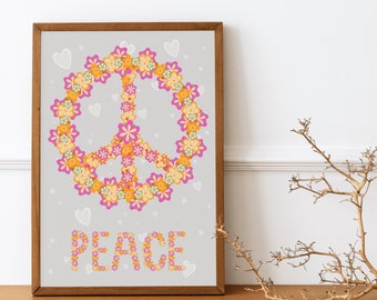 Peace and Love Print, 70s Floral Pattern, 60s Wall Art, Hippie Print, 70s Decor, 70s Flower Art,Peace Wall Art,Flower Child Art,70s Wall Art