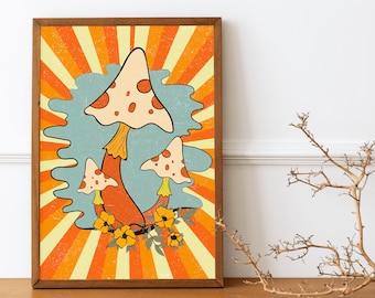 Decoración hippie de los años 70, decoración de pared de hongos, decoración del hogar retro de los años 70, arte de pared de los años 70, póster vintage, impresión de patrón floral de los años 70, impresión hippie, impresiones de pared de los años 50