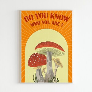 May include: A framed art print featuring a vintage illustration of mushrooms. The print has a retro design with the text "DO YOU KNOW WHO YOU ARE?" in red. The mushrooms are red and white, with a yellow and orange background.
