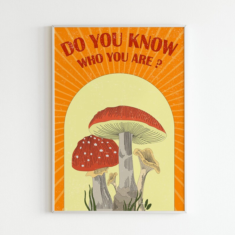May include: A framed art print featuring a vintage illustration of mushrooms. The print has a retro design with the text "DO YOU KNOW WHO YOU ARE?" in red. The mushrooms are red and white, with a yellow and orange background.