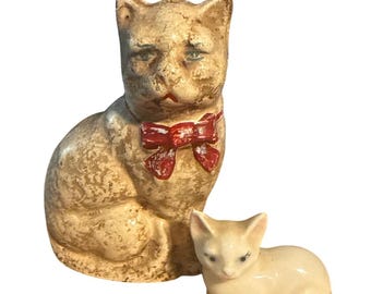 Antique Cast Iron Cat Still Bank Red Bow & Small Ceramic Kitten Figurine Set