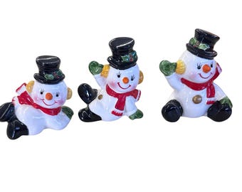 Set /3 Ceramic Snowman Figurines Black Top Hat Red Scarf Christmas Holiday Decor