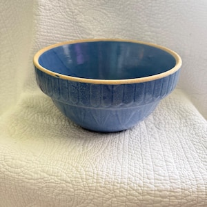 Vintage Blue Mixing Bowl Stoneware Farmhouse Kitchen Bowl Ribbed 9&quot; Diameter