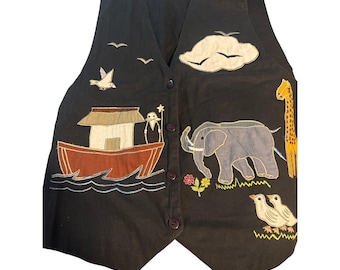 Asapo Collection Womens Black Cotton Noahs Ark Embroidered Button Up Vest Medium