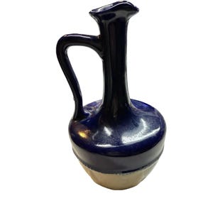 Vintage Cobalt Blue Ceramic Pitcher Vase with Handle Decorative Pottery