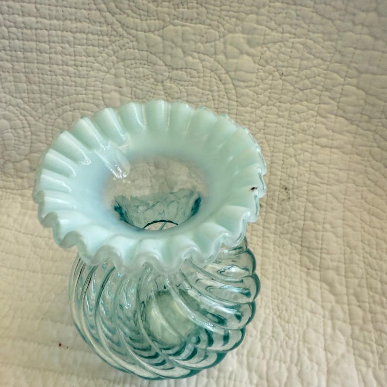 Vintage Fenton Aqua Blue Swirl Glass Vase With Ruffled White Opalescent ...