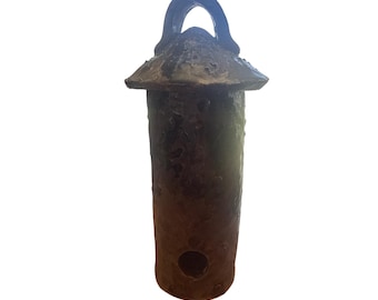 Rustic Studio Pottery Birdhouse Hanging Ceramic Garden Bell Brown Mottled Glaze