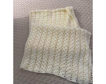 Handmade Crochet Afghan Blanket Cream White Textured Cozy Throw 36x 96