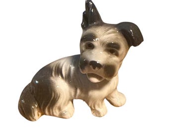Vintage Ceramic Terrier Dog Figurine 3"Miniature Grey White Glossy Glazed Statue