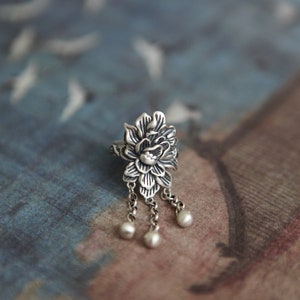 Retro s925 Sterling Silber lange Quaste Pfingstrose Ring