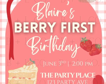 Beere Erster Geburtstagseinladung Vorlage • Erdbeere Sweet Party einladen (Digitaler Download)