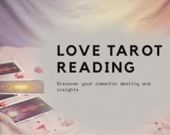 May include: A soft, light pink cloth with tarot cards, small hearts, and the text "LOVE TAROT READING". The cards have colorful images. The text below reads "Discover your romantic destiny and insights".