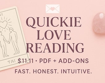 Puede incluir: Un fondo rosa con el texto "QUICKIE LOVE READING". A la izquierda, una carta del tarot con un corazón y dos figuras tomadas de la mano. A la derecha, una piedra rosa en forma de corazón. El texto "FAST. HONEST. INTUITIVE." está en la parte inferior.