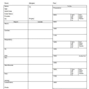 Night Shift Head to Toe Nursing Report Sheet