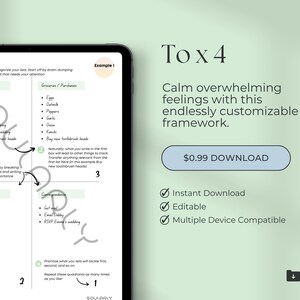 Puede incluir: Una hoja de cálculo digital imprimible con un fondo verde y un botón azul claro que dice "$0.99 DESCARGAR". La hoja de cálculo se titula "To x 4" y tiene el texto "Calma los sentimientos abrumadores con este marco personalizable sin fin." La hoja de cálculo está dividida en cuatro cuadrantes con el texto "Brain Dump", "Groceries/Purchases", "Cleaning" y "Correspondence".