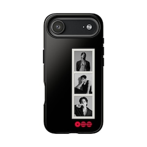 May include: Black phone case with three black and white photo booth style images of a person. The case has a glossy finish and a red logo at the bottom. The phone case is designed to fit a smartphone.