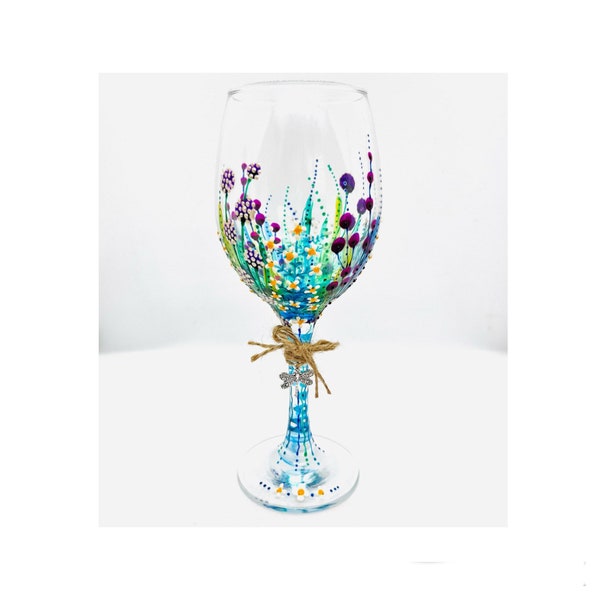 Personalised Hand Painted Wine Glass- Purple Pom Pom Flowers & Glass Charm (Assorted). Can Be Personalised. Pretty Wine Lovers Gift.