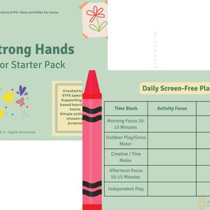 以下が含まれることがあります： 微細運動能力の発達のためのデジタルダウンロード。画像には、ピンクのクレヨン、太陽のイラスト、および「Build Strong Hands Fine Motor Starter Pack」というテキストが表示されています。毎日のスクリーンフリープランナーも含まれています。