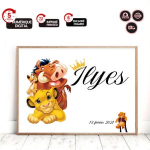 Póster personalizable con nombre y fecha de nacimiento con El Rey León, Timón y Pumba | Decoración de dormitorios | Regalo de cumpleaños personalizado