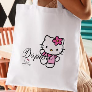 Anpassbare Einkaufstasche aus Baumwolle mit Vornamen und Hello Kitty | Cabas-Leinentasche | Einkaufstasche | Digitales Modell