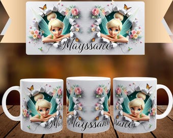 Personalized mug with first name and character in white ceramic of 32cl (11oz) - Tinker Bell Disney - Customizable cup - Gift