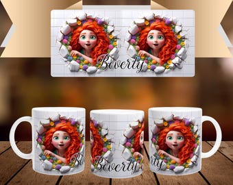 Personalized mug with first name and character in white ceramic of 32cl (11oz) - Disney's Rebel Merida - Customizable mug - Gift