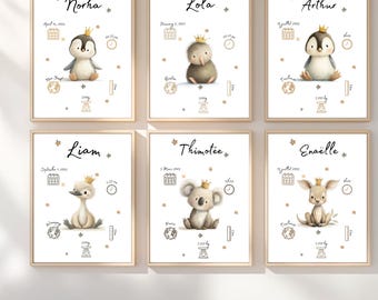 Personalized birth announcement poster with name and details | Girl's/Boy's room | Baby room illustration | Personalized gift