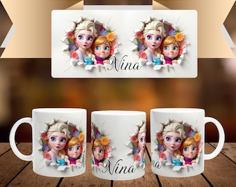Personalized mug with first name and character in white ceramic of 32cl (11oz) - Elsa and Anna Disney - Customizable cup - Gift