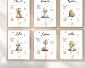 Personalized birth announcement poster with name and details | Girl's/Boy's room | Baby room illustration | Personalized gift