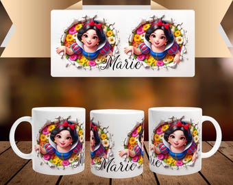Personalized mug with first name and character in white ceramic of 32cl (11oz) - Disney's Snow White - Customizable mug - Gift