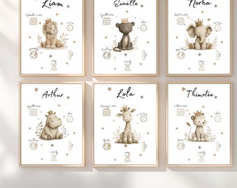 Personalized birth announcement poster with name and details | Girl's/Boy's room | Baby room illustration | Personalized gift