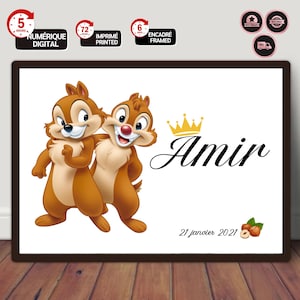 Póster personalizable con nombre y fecha de nacimiento con Tic et Tac - Chip y Dale | Decoración de dormitorios | Regalo de cumpleaños personalizado
