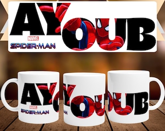 Personalized mug with first name and character in white ceramic of 32cl (11oz) - Spider Man Avengers Marvel - Customizable cup - Gift