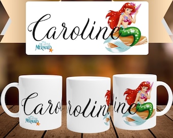 Personalized mug with first name and character in white ceramic of 32cl (11oz) - Ariel The Little Mermaid from Disney - Customizable mug - Gift