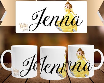 Personalized mug with first name and character in white ceramic of 32cl (11oz) - Disney Belle - Customizable cup - Gift